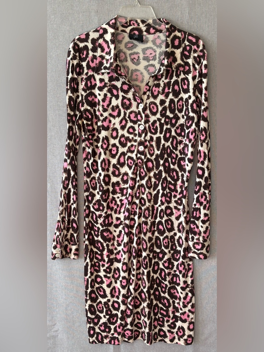 Pink tartan, XL Pink and Brown Leopard Silk long sleeve dress